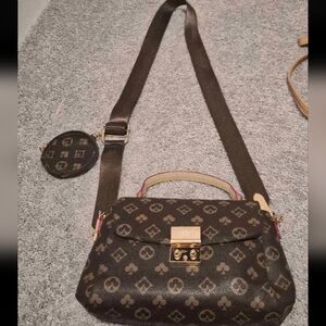 Brown Monogram Crossbody Handbag with Coin Pouch